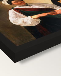 The Fortune Teller by Caravaggio framed print, corner close-up: black moulding, mitred, the print set just below its edge