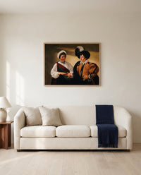 The Fortune Teller by Caravaggio framed in natural oak above a cream sofa in a warm living room