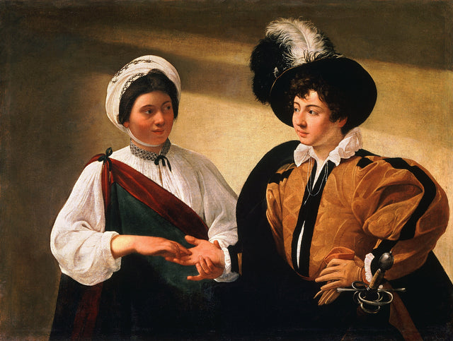 The Fortune Teller by Caravaggio: a young man in a plumed hat holds out his hand to a smiling girl in a white headscarf