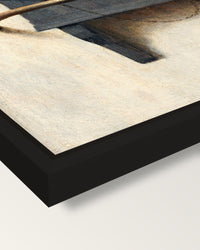 The Goldfinch by Carel Fabritius framed canvas, corner close-up: a black floating frame with a shadow gap round the canvas