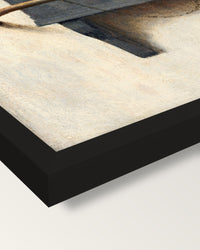 The Goldfinch by Carel Fabritius framed print, corner close-up: black moulding, mitred, the print set just below its edge