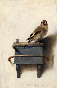 The Goldfinch by Carel Fabritius: a small goldfinch on a wooden perch against a pale plaster wall