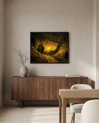 Two Men and the Moon by Caspar David Friedrich in a black frame above a walnut sideboard in a dining room