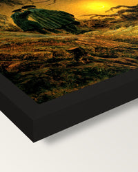 Two Men and the Moon by Friedrich framed print, corner close-up: black moulding, mitred, the print set just below its edge