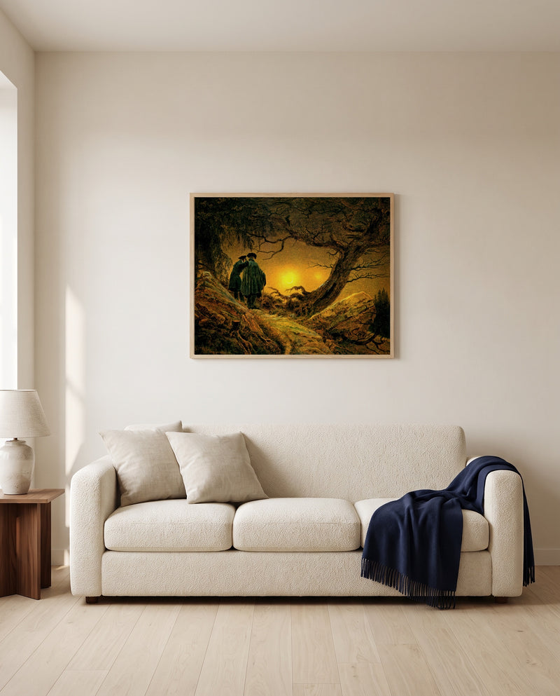 Two Men and the Moon by Caspar David Friedrich framed in natural oak above a cream sofa in a warm living room