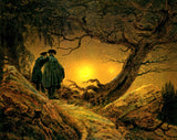Two Men Contemplating the Moon by Friedrich: two figures seen from behind on a path under an oak, a crescent moon