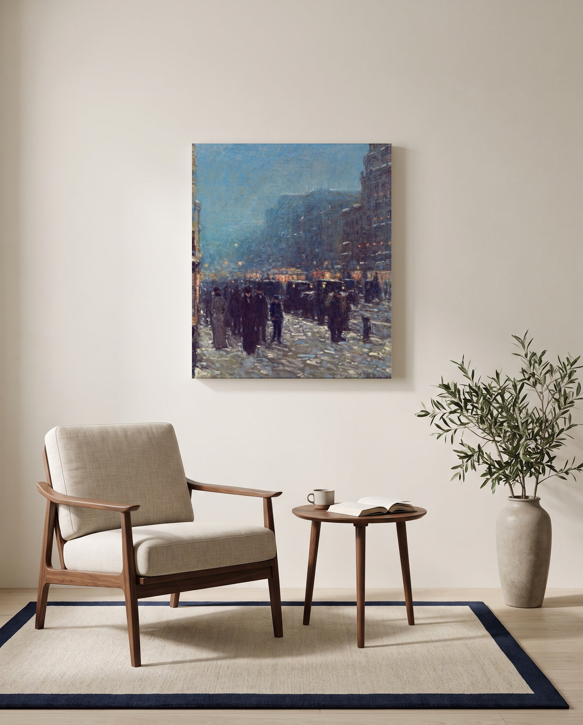 Broadway and 42nd Street by Childe Hassam as a stretched canvas above a linen lounge chair in a reading corner