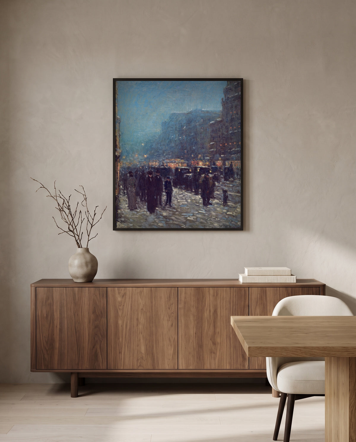 Broadway and 42nd Street by Childe Hassam in a black frame above a walnut sideboard in a dining room