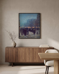 Broadway and 42nd Street by Childe Hassam in a black frame above a walnut sideboard in a dining room