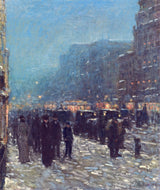 Broadway and 42nd Street by Childe Hassam: dark crowds on a wet winter street at dusk, shop lights glowing under a blue sky