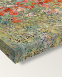 Celia Thaxter’s Garden by Childe Hassam on stretched canvas, corner close-up: the painting mirror-wrapped round the sides