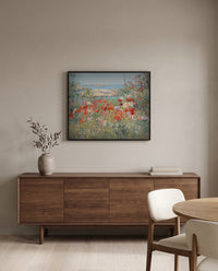 Celia Thaxter’s Garden by Childe Hassam in a black frame above a walnut sideboard in a dining room