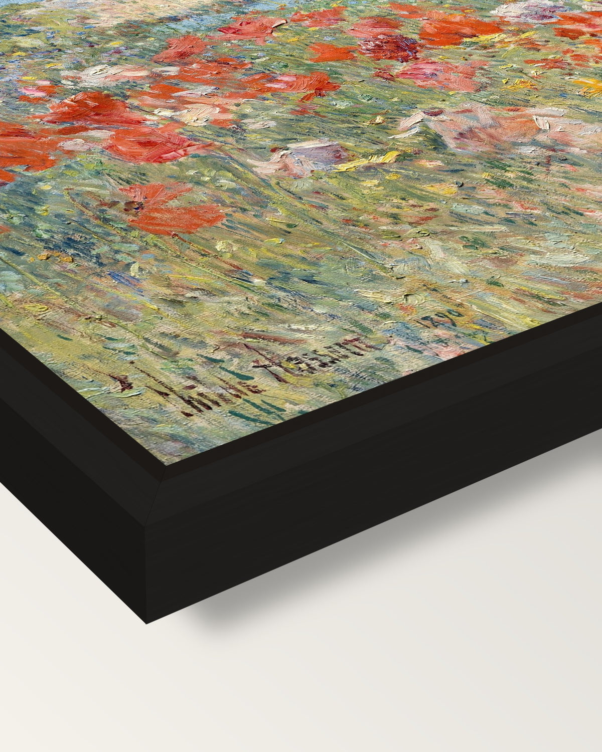 Celia Thaxter’s Garden by Hassam framed canvas, corner close-up: a black floating frame with a shadow gap round the canvas