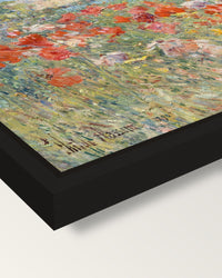 Celia Thaxter’s Garden by Hassam framed canvas, corner close-up: a black floating frame with a shadow gap round the canvas