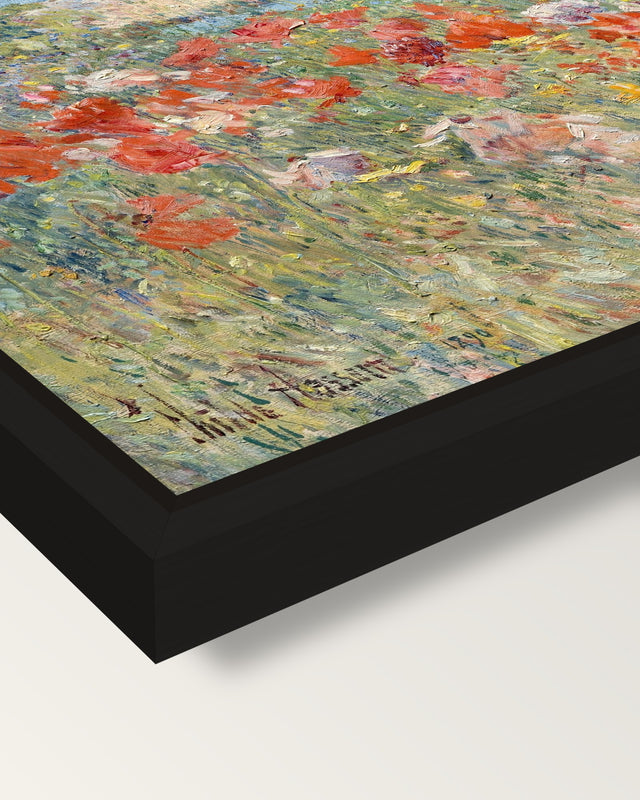 Celia Thaxter’s Garden by Hassam framed canvas, corner close-up: a black floating frame with a shadow gap round the canvas