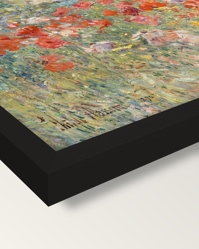 Celia Thaxter’s Garden by Hassam framed print, corner close-up: black moulding, mitred, the print set just below its edge