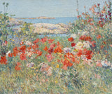 Celia Thaxter’s Garden by Childe Hassam: red and pink poppies in tall grass with pale rocks and the blue sea behind