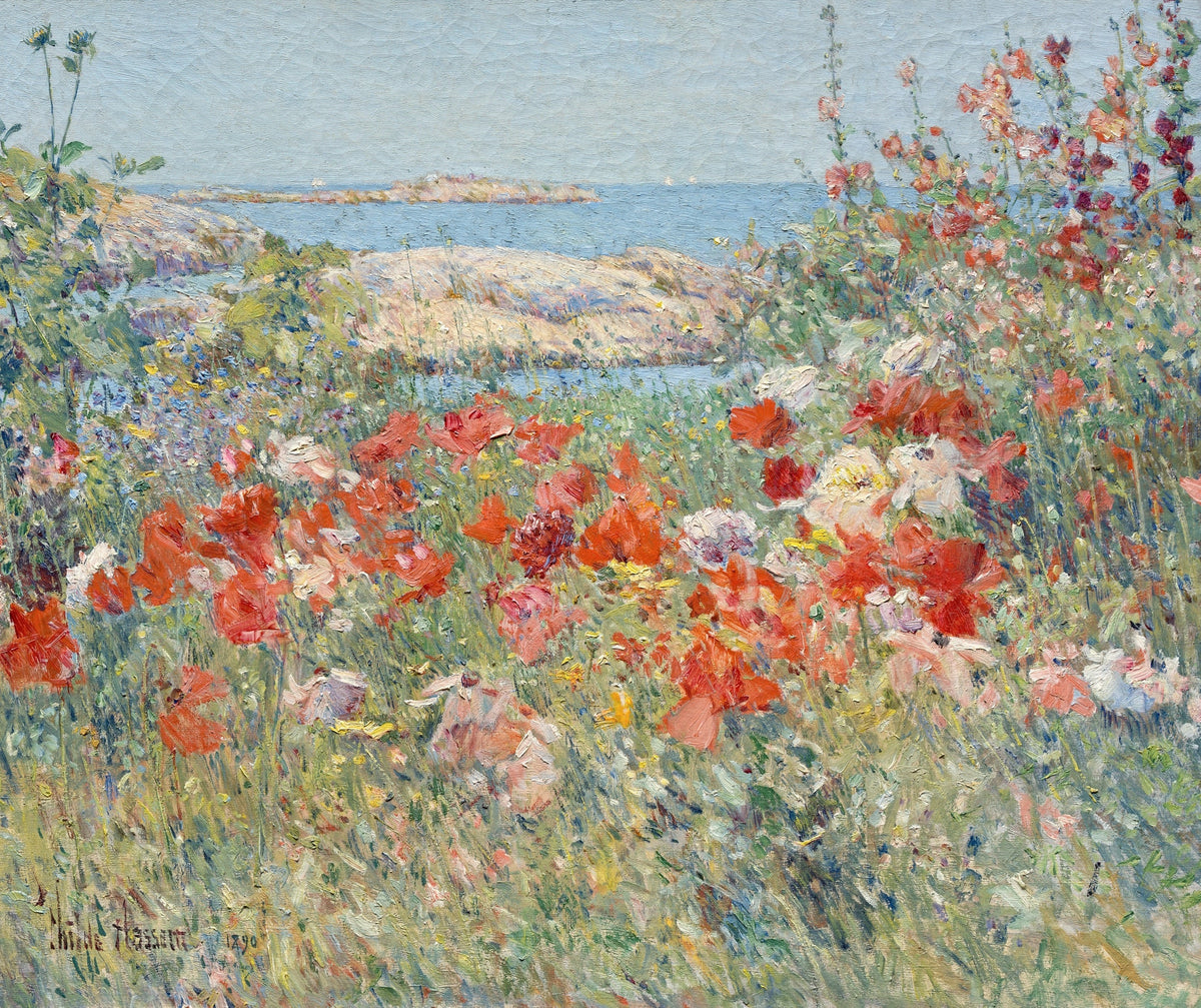 Celia Thaxter’s Garden by Childe Hassam: red and pink poppies in tall grass with pale rocks and the blue sea behind