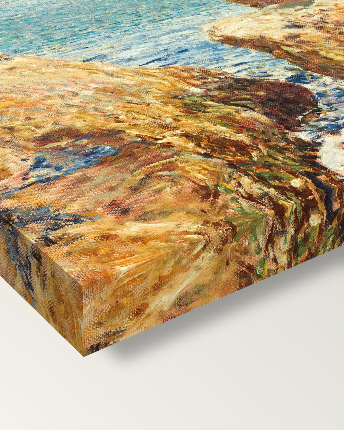 Coast Scene, Isles of Shoals by Hassam on stretched canvas, corner close-up: the painting mirror-wrapped round the sides