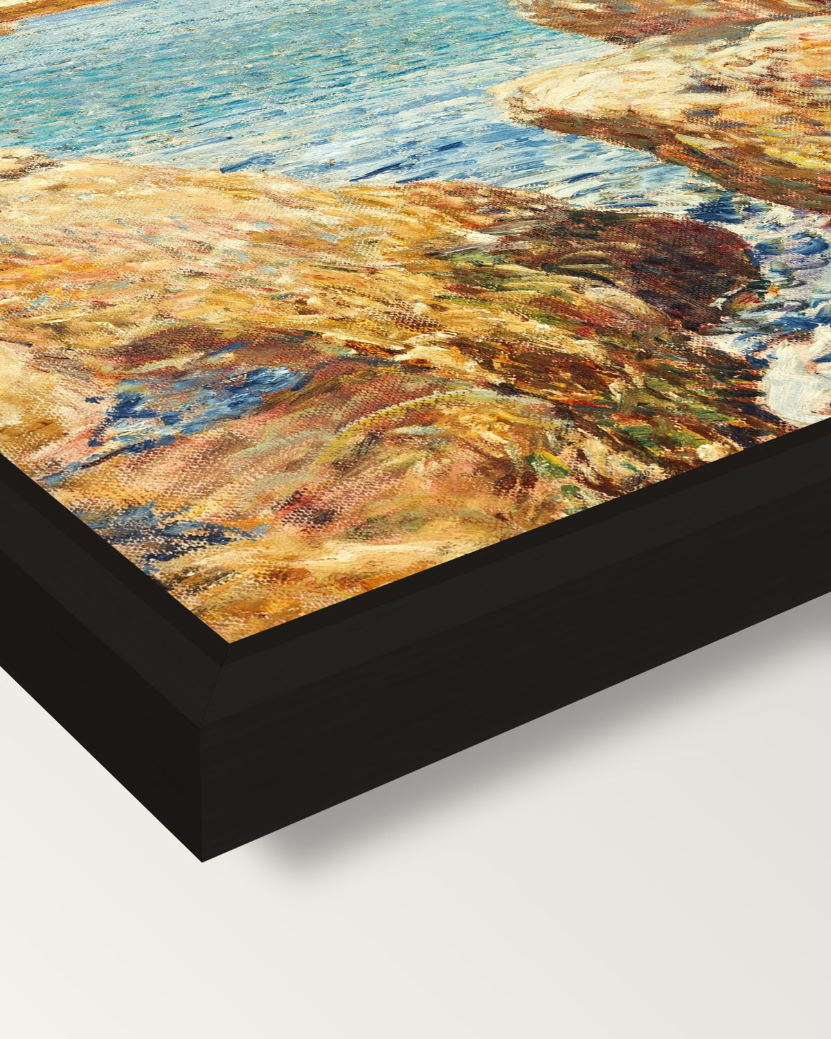 Coast Scene, Isles of Shoals framed canvas, corner close-up: a black floating frame with a shadow gap round the canvas