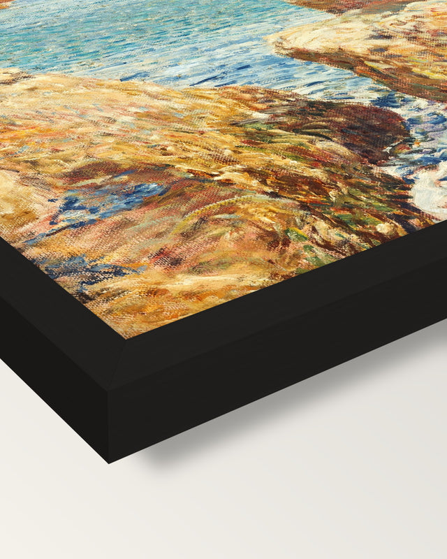 Coast Scene, Isles of Shoals framed print, corner close-up: black moulding, mitred, the print set just below its edge