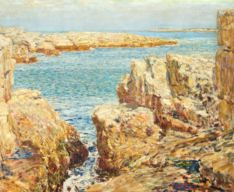 Coast Scene, Isles of Shoals by Childe Hassam: golden rocks framing a channel of blue sea, low islands across the bay