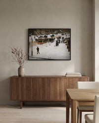 Fifth Avenue in Winter by Childe Hassam in a black frame above a walnut sideboard in a dining room