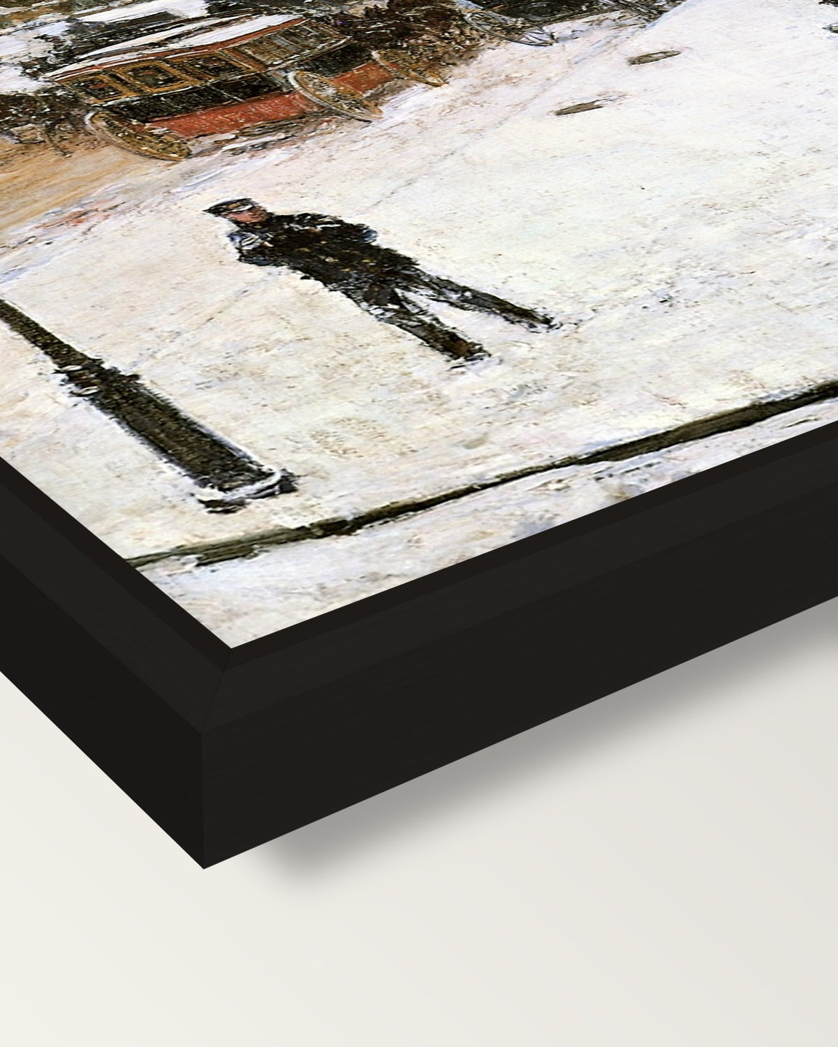 Fifth Avenue in Winter by Hassam framed canvas, corner close-up: a black floating frame with a shadow gap round the canvas