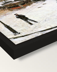 Fifth Avenue in Winter by Hassam framed canvas, corner close-up: a black floating frame with a shadow gap round the canvas