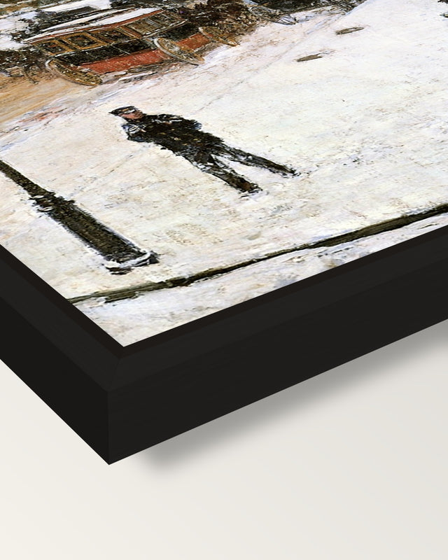 Fifth Avenue in Winter by Hassam framed canvas, corner close-up: a black floating frame with a shadow gap round the canvas
