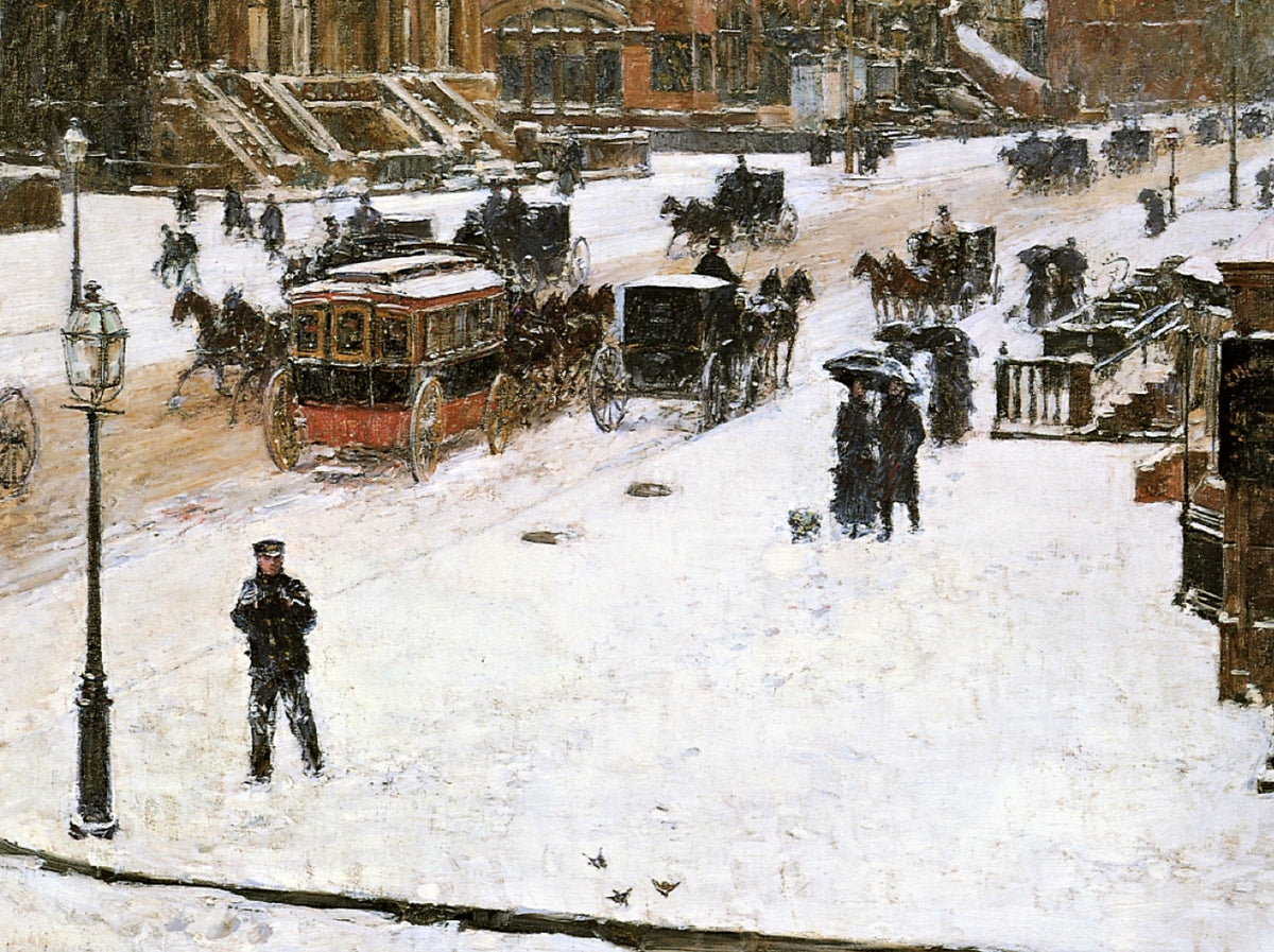 Fifth Avenue in Winter by Childe Hassam: horse-drawn carriages and walkers on a snowy New York avenue, a policeman by a lamp