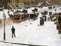 Fifth Avenue in Winter by Childe Hassam: horse-drawn carriages and walkers on a snowy New York avenue, a policeman by a lamp