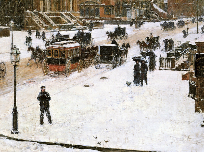 Fifth Avenue in Winter by Childe Hassam: horse-drawn carriages and walkers on a snowy New York avenue, a policeman by a lamp