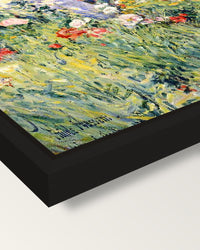 In the Garden by Childe Hassam framed canvas, corner close-up: a black floating frame with a shadow gap round the canvas