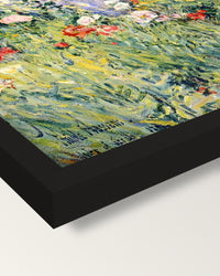 In the Garden by Childe Hassam framed print, corner close-up: black moulding, mitred, the print set just below its edge