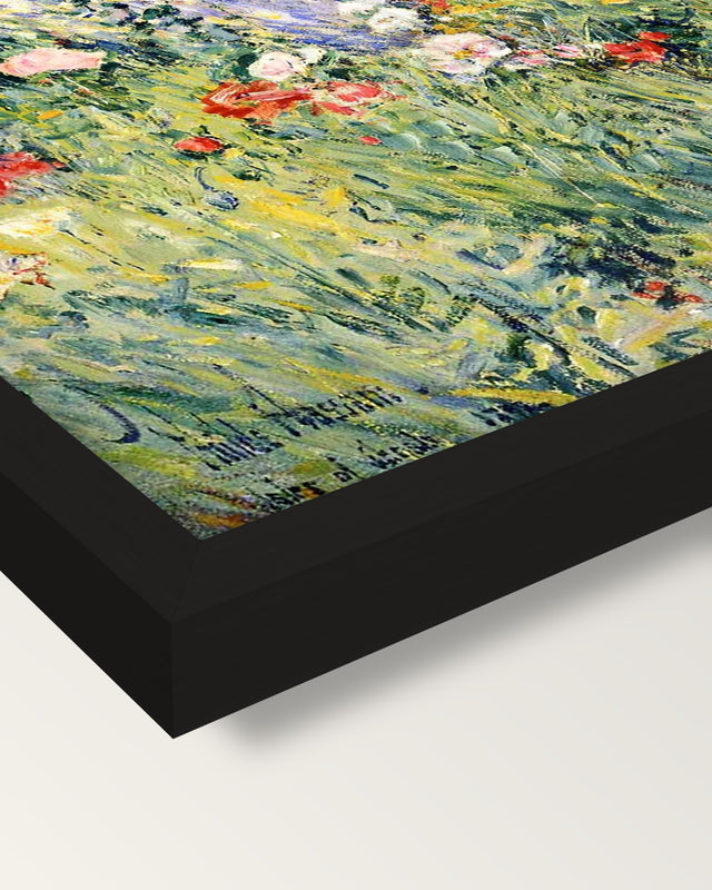 In the Garden by Childe Hassam framed print, corner close-up: black moulding, mitred, the print set just below its edge