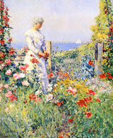 In the Garden by Childe Hassam: a woman in white among red poppies and hollyhocks, the blue sea and a sail beyond