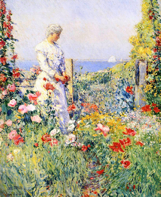 In the Garden by Childe Hassam: a woman in white among red poppies and hollyhocks, the blue sea and a sail beyond