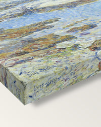 Isles of Shoals by Childe Hassam on stretched canvas, corner close-up: the painting mirror-wrapped round the sides