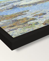 Isles of Shoals by Childe Hassam framed canvas, corner close-up: a black floating frame with a shadow gap round the canvas