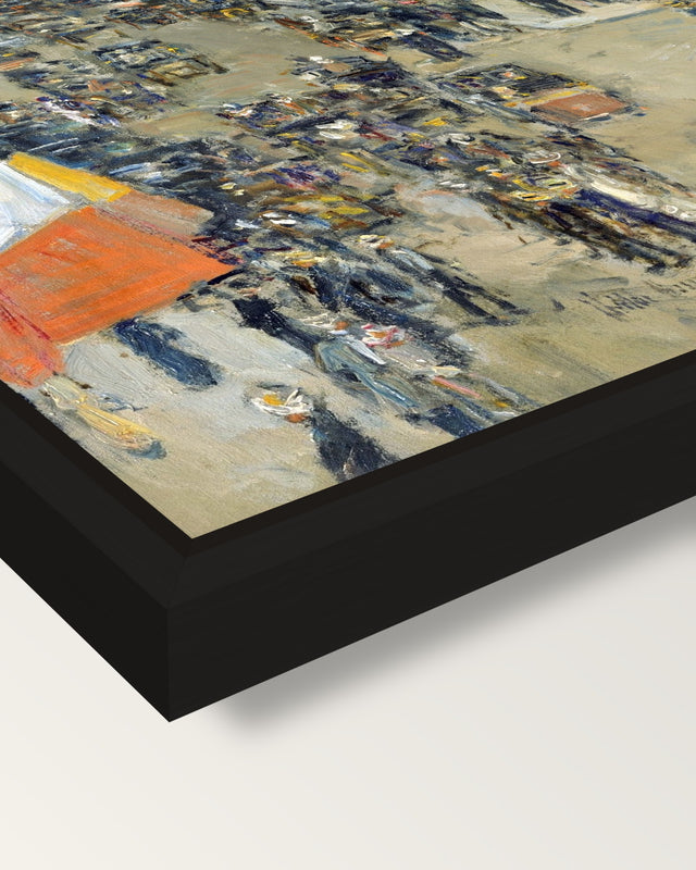 July Fourteenth, Rue Daunou framed canvas, corner close-up: a black floating frame with a shadow gap round the canvas