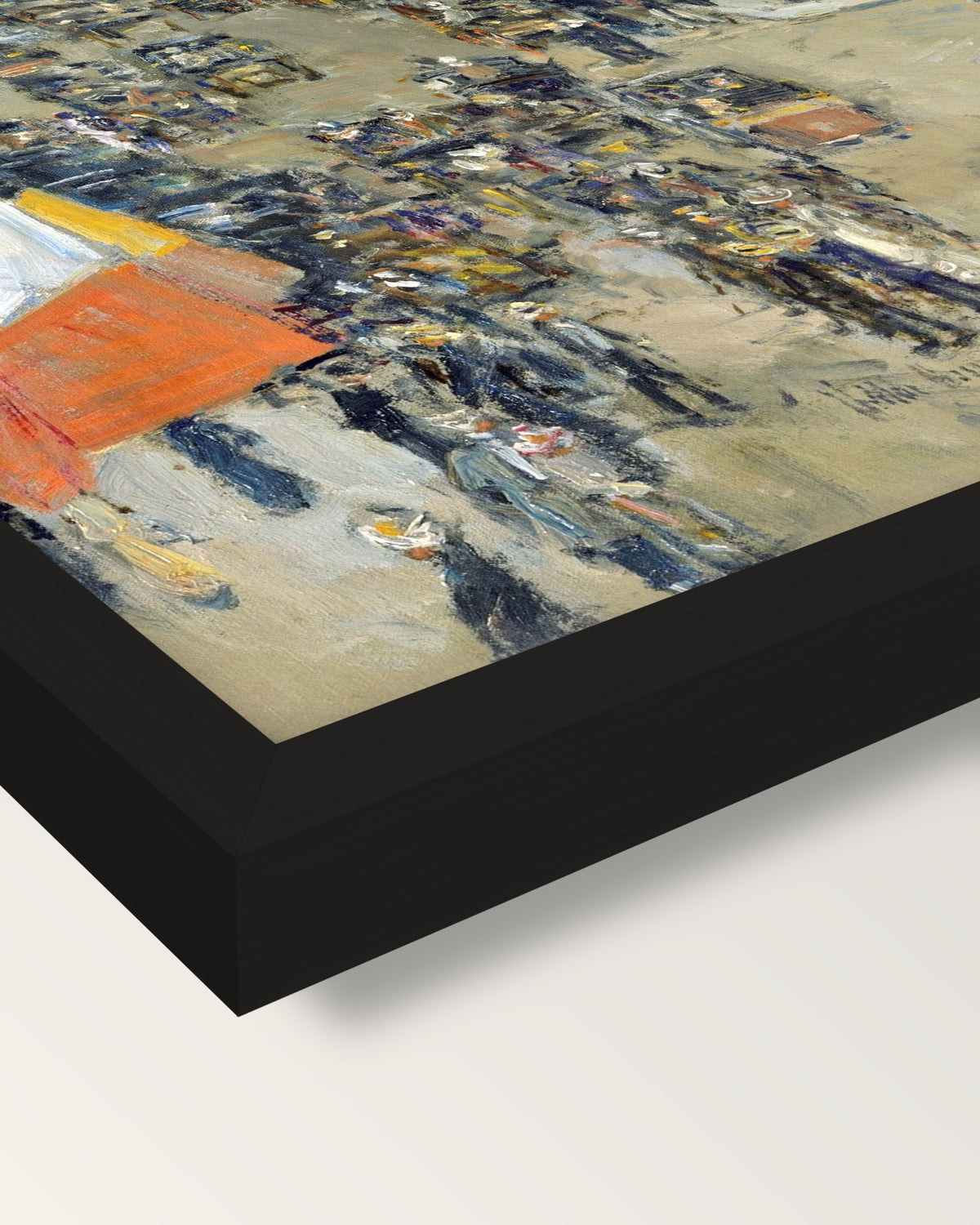 July Fourteenth, Rue Daunou framed print, corner close-up: black moulding, mitred, the print set just below its edge