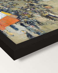 July Fourteenth, Rue Daunou framed print, corner close-up: black moulding, mitred, the print set just below its edge