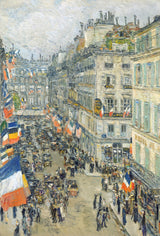 July Fourteenth, Rue Daunou by Childe Hassam: a crowded Paris street seen from above, French flags hanging from the buildings
