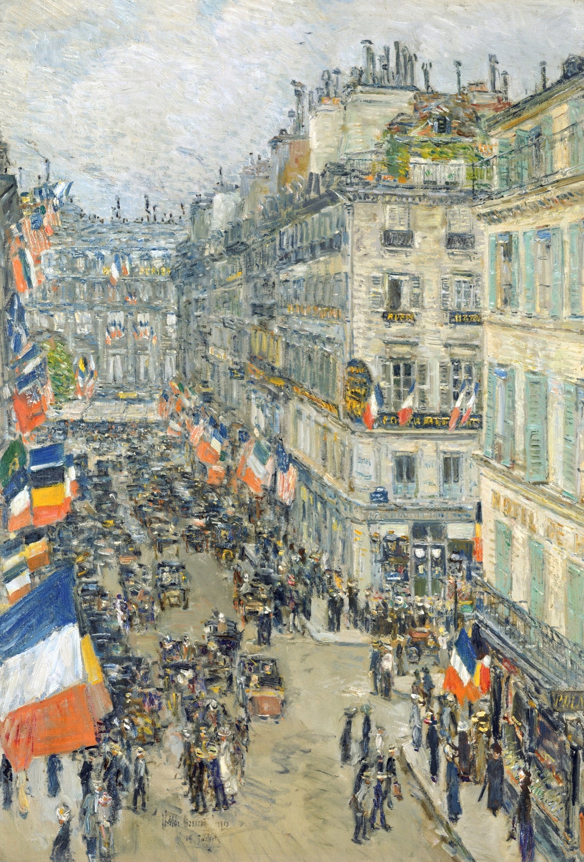 July Fourteenth, Rue Daunou by Childe Hassam: a crowded Paris street seen from above, French flags hanging from the buildings