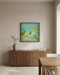 New England Headlands by Childe Hassam in a black frame above a walnut sideboard in a dining room