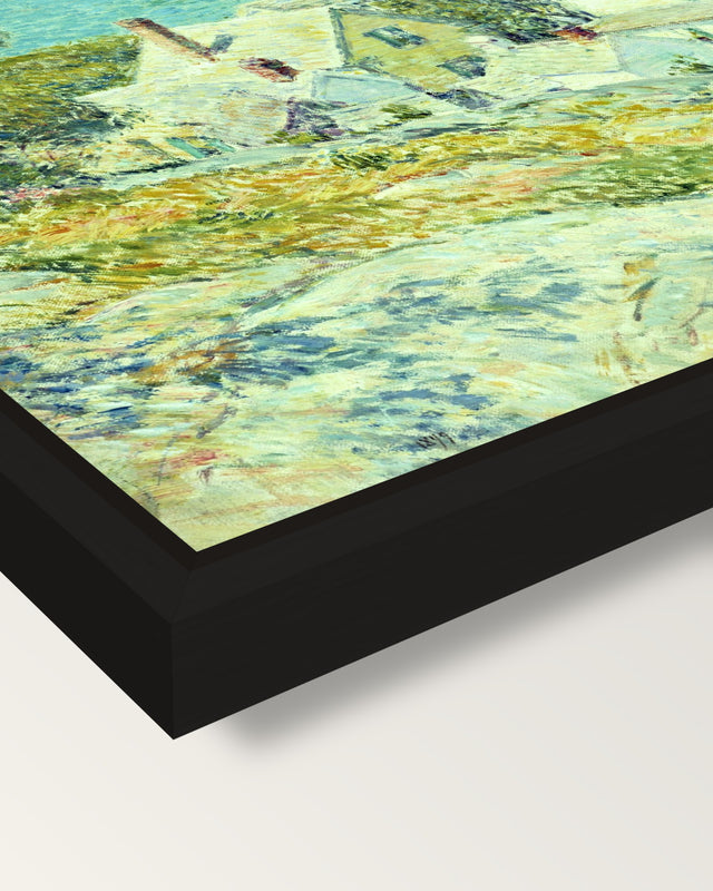 New England Headlands by Hassam framed canvas, corner close-up: a black floating frame with a shadow gap round the canvas