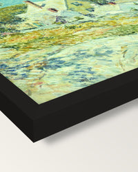 New England Headlands by Hassam framed print, corner close-up: black moulding, mitred, the print set just below its edge