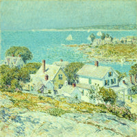 New England Headlands by Childe Hassam: white houses on a green hill above a bright turquoise bay with small sailboats