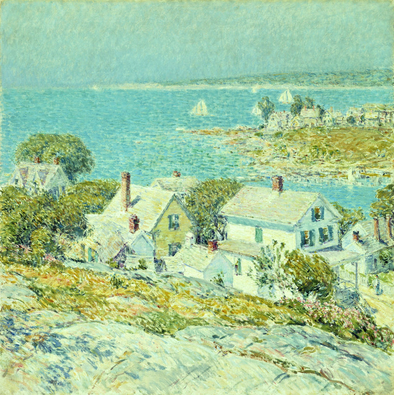 New England Headlands by Childe Hassam: white houses on a green hill above a bright turquoise bay with small sailboats